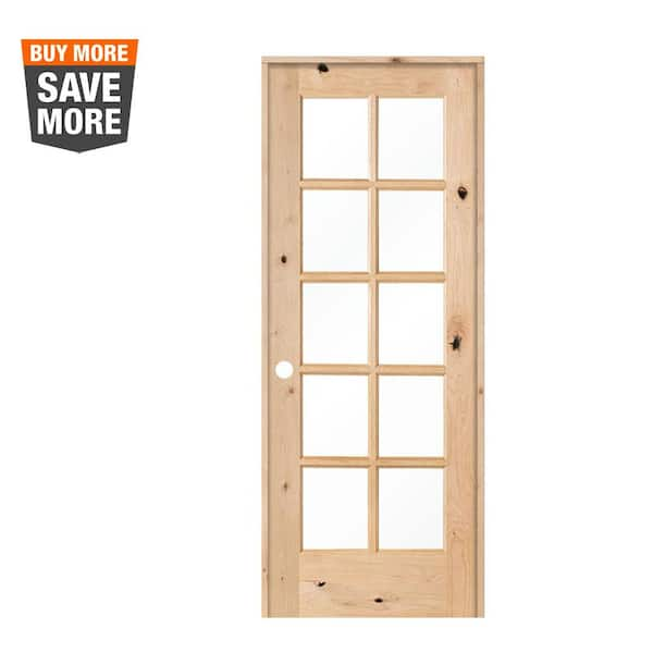 Krosswood Doors 28 in. x 80 in. Krosswood French Knotty Alder 10-Lite Tempered Glass Solid Right-Hand WoodSingle Prehung Interior Door