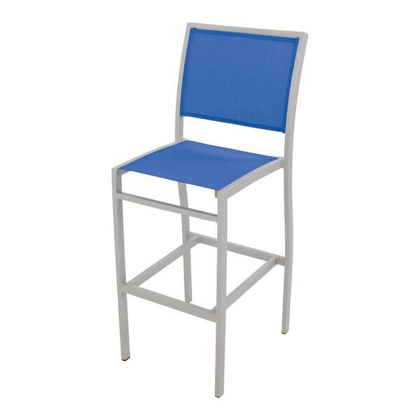 POLYWOOD Bayline Textured Silver All-Weather Aluminum/Plastic Outdoor Bar Side Chair in Royal Blue Sling