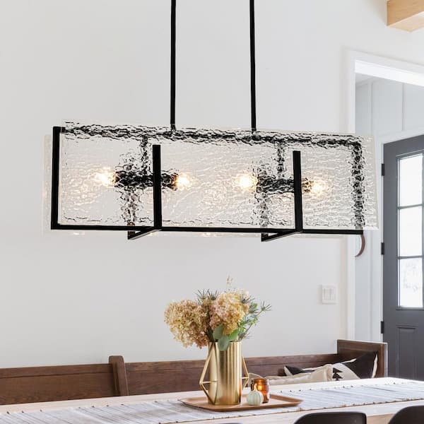 EDISLIVE Chloe 4-Light Black Modern Rectangle Chandelier with Rippled Glass Kitchen Island Lighting