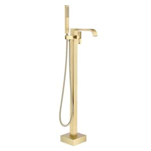 Freestanding Floor Mount Single Handle Bath Tub Filler Faucet with Handheld Shower in Brushed Gold