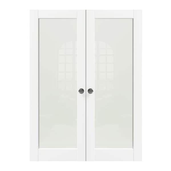 60 in. x 80 in. Composite, MDF, Full Lite, Frosted Glass, Primed, White Interior Door Slab with Black Goal Doorknob