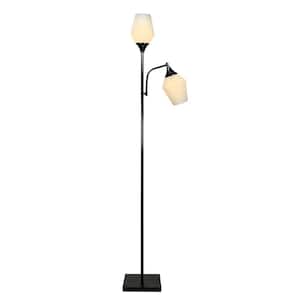 71.5 in. Black Indoor Tree Floor Lamp with Frosted 2 White Glass Shades