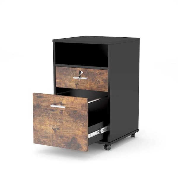 TRIBESIGNS WAY TO ORIGIN Dean Rustic Brown Rolling Wheels Engineered Wood File Cabinet with 2 Shelves and 2 Drawers