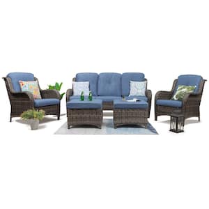 5-Piece Wicker Outdoor Patio Seating Set Sectional Sofa with Blue Cushions