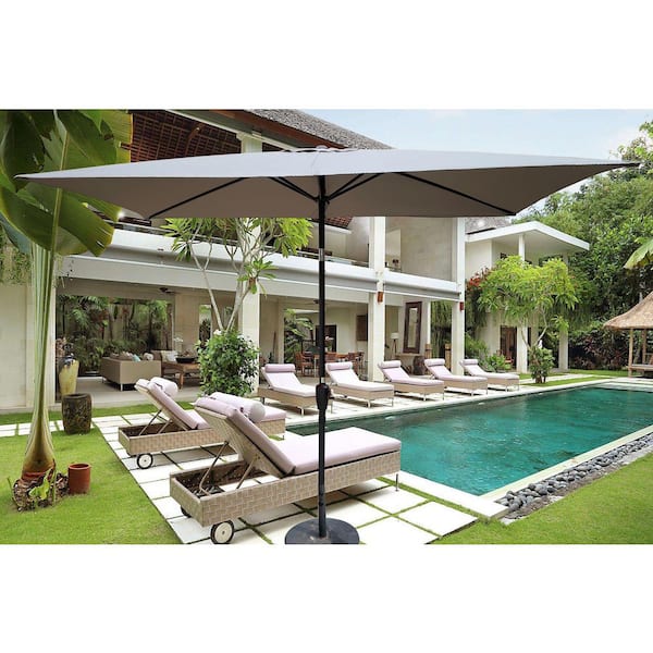 9 ft. x 6 ft. Steel Outdoor Patio Umbrella Market Umbrella in Medium Gray with Push Button Tilt and Crank