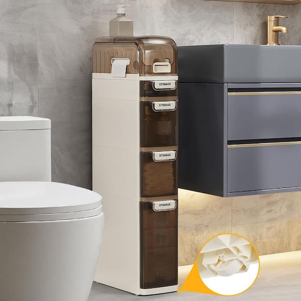 Slim 5-Tier Bathroom Storage Cabinet with Drawers and Wheels Waterproof Narrow Organizer for Small Spaces White 37.8 in.