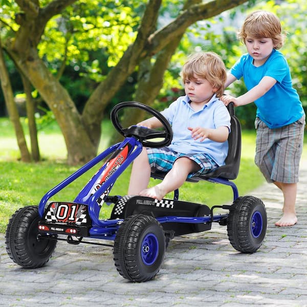 Kids Pedal Go Kart 4 Wheel Ride On Toys with Adjustable Seat and Handbrake  Blue