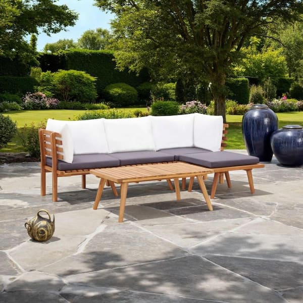 Roma Brown 5-Piece Wood Outdoor Sectional Set with White Cushion