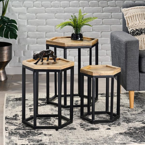 Noble House Raglan Natural and Black Nested Side Tables (Set of 3)