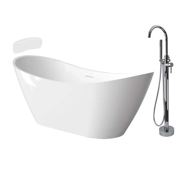 Transolid Skylar 59 in. x 30.75 in. Soaking Bathtub with Center Drain in Gloss White/Polished Chrome with Faucet and Pillow