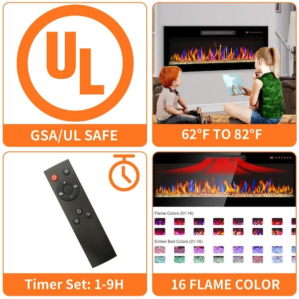 36 in. Wall Mounted Electric Fireplace Recessed Ultra Thin Tempered Glass Front Heater with Remote and Multi-Color Flame