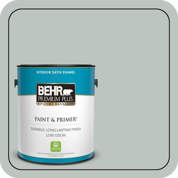 BEHR PREMIUM PLUS 1 gal. #ICC-47 Pewter Tray Satin Enamel Low Odor Interior Paint & Primer