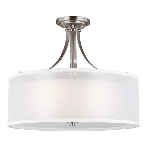 Generation Lighting Elmwood Park 19 in. 3-Light Brushed Nickel Semi-Flush Mount with Satin Etched Glass Shade