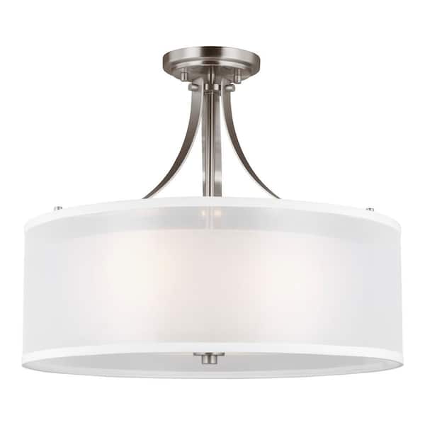 Generation Lighting Elmwood Park 19 in. 3-Light Brushed Nickel Semi-Flush Mount with Satin Etched Glass Shade with LED Bulbs