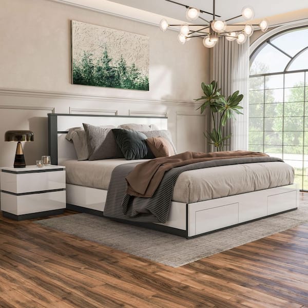 Summit Run 2-Piece White and Metallic Gray Wood Frame Queen Platform Bedroom Set with Footboard Drawers