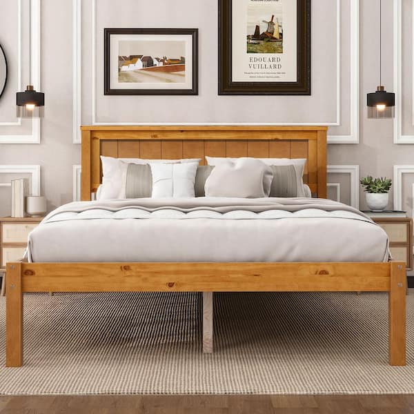 Harper & Bright Designs Modern Oak (Brown) Wood Frame Full Size Platform Bed with Headboard, Additional Support Slats Legs