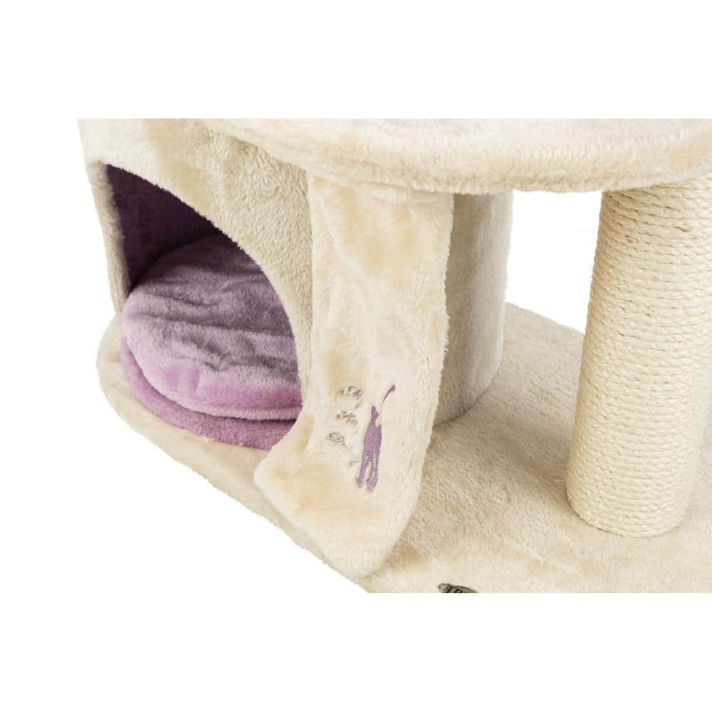 Beige and Lilac Plush Castle Cat Tree with Sisal Post