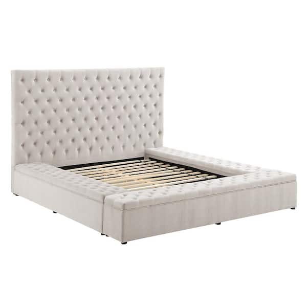 Best Master Furniture Jonathan Velvet Cream Queen Tufted Bed with Storage