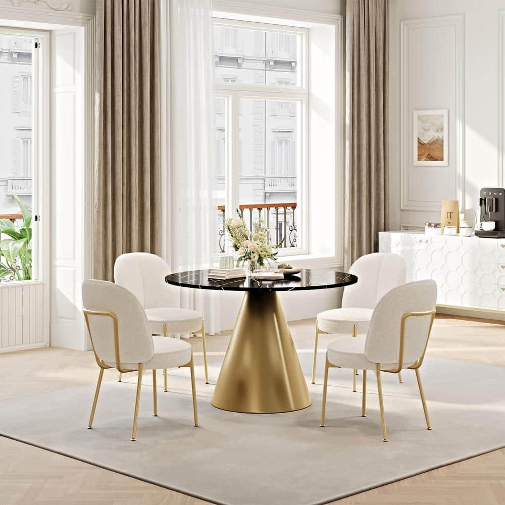 5-Piece Dining Set Round Black Marble Top Table with Beige Teddy Plush Chairs
