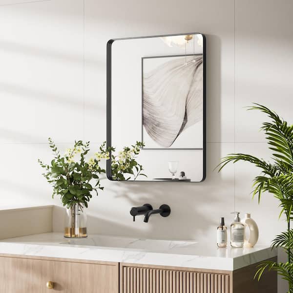16 in. W x 24 in. H Small Modern Rectangle Stainless Steel Framed Bathroom Vainty Mirror Brushed Black