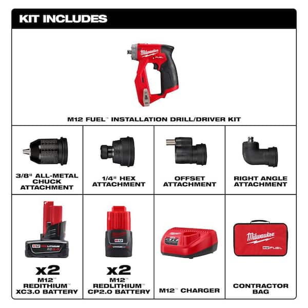 M12 FUEL 12V Lithium-Ion Brushless Cordless 4-in-1 Installation 3/8 in. Drill Driver Kit and 3.0 Ah Battery (2-Pack)