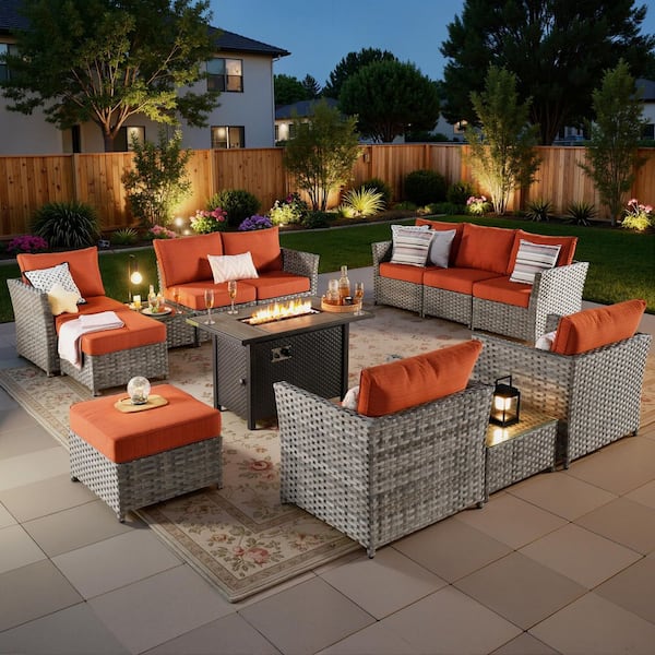 Prosperine Gray 13-Piece Wicker Outerdoor Patio Rectangular Fire Pit Sectional Seating Set with Orange Red Cushions