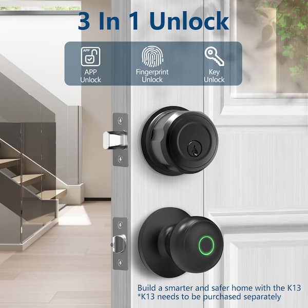 3-in-1 Aluminum Smart Lock Deadbolt Biometric & Key Access in Black, Round