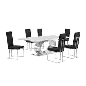Ibraim 7-Piece Rectangle White Marble Top Stainless Steel Base Dining Set With 6 Black Velvet Chrome Iron Chairs