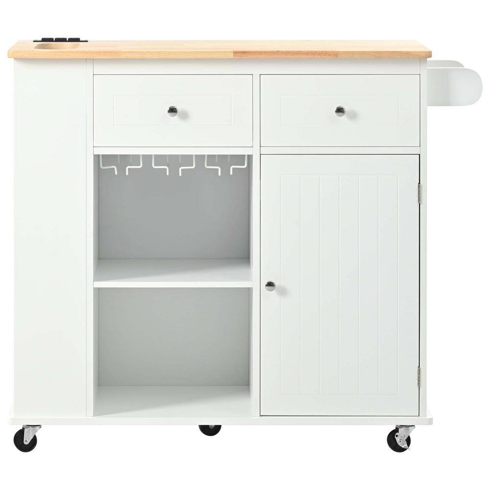 White Wood 40 in. Kitchen Island with Side Storage Shelves, Rubber Wood Top