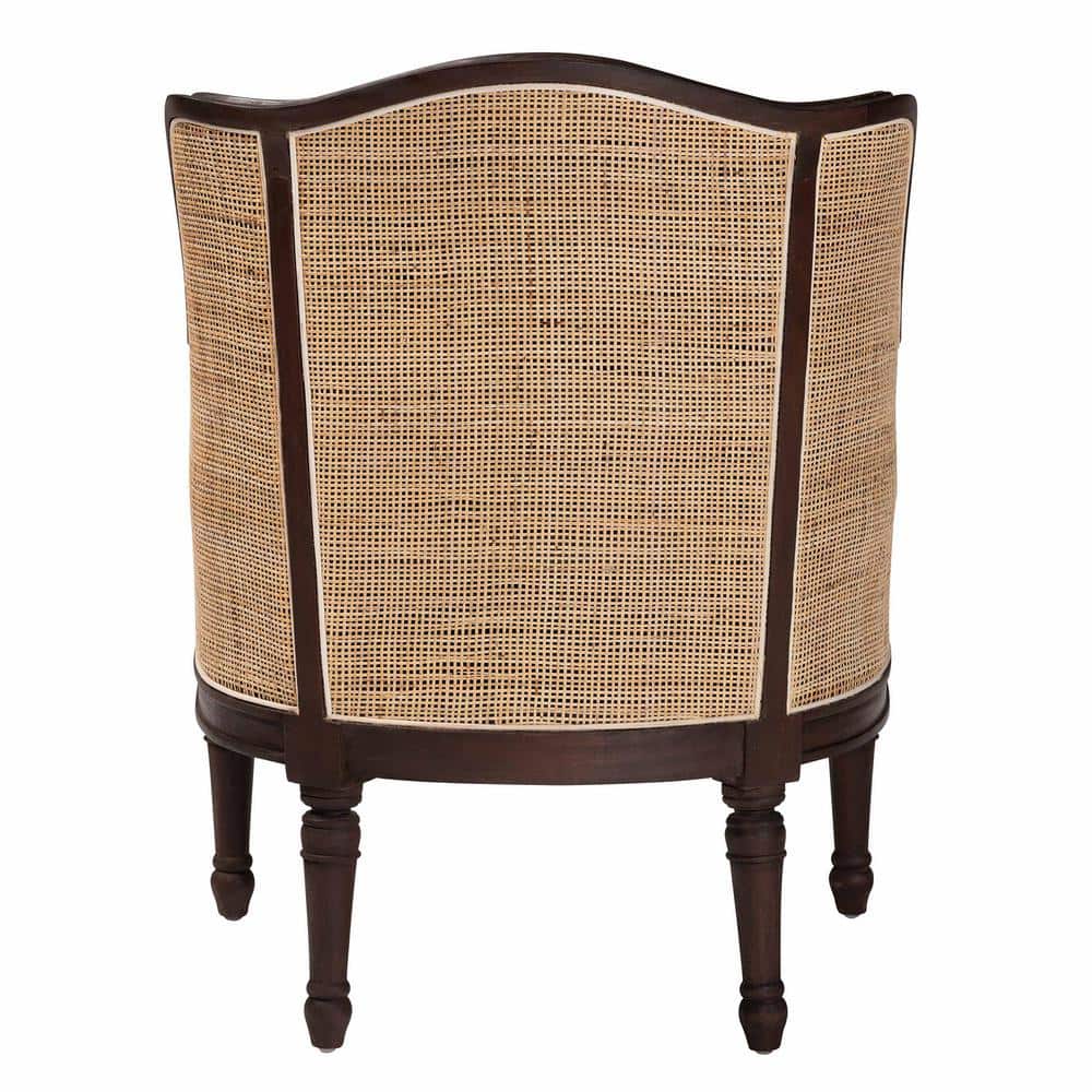Beige and Dark Brown Carved Wood Accent Chair with Woven Rattan