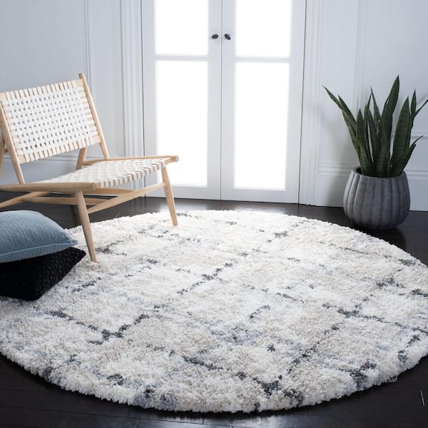 Fontana Shag 3 ft. x 3 ft. Gray/Ivory Geometric Abstract Round Area Rug