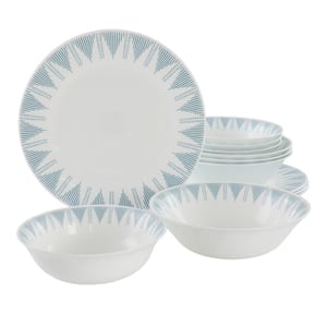 Piper Point 12-Pcs Opal Glass Dinnerware Set in White With Blue Accents