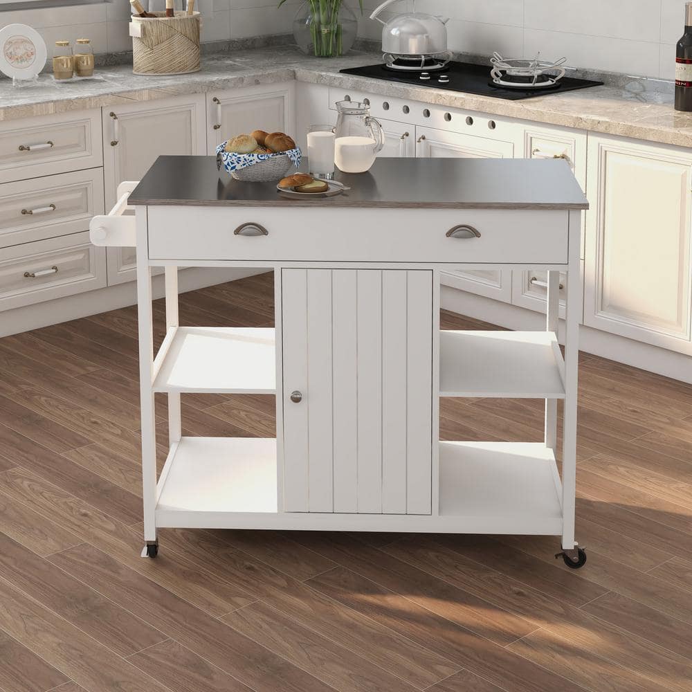 White Wood 39.3 in. Kitchen Island with Two Drawers Stainless Steel ...