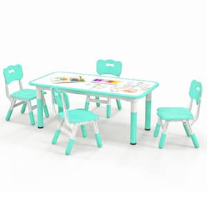 5-Piece Rectangle Graffiti Desktop Green Kids Height Adjustable Table and 4-Chairs Set