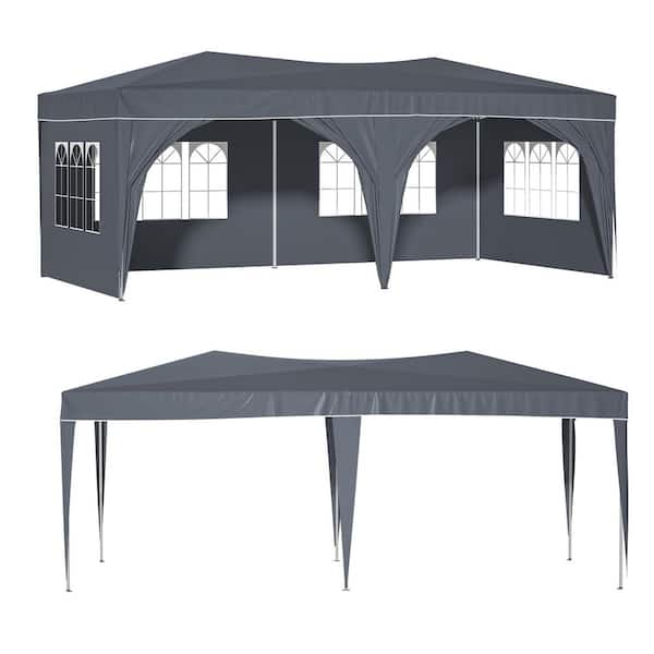 Huluwat 10 ft. x 20 ft. Gray Pop Up Outdoor Patio Gazebo Canopy Tent with 6 Removable Sidewalls, Carry Bag, 6 pcs Weight Bag
