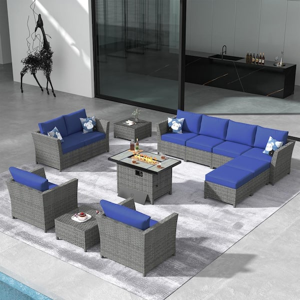 XIZZI Vesta Gray 13-Piece Wicker Outerdoor Patio Rectangular Fire Pit Set with Navy Blue Cushions