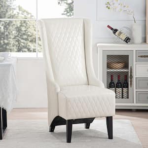 High-Back White Faux Leather Arm Chair with Wingback Design, Birch Wood Legs