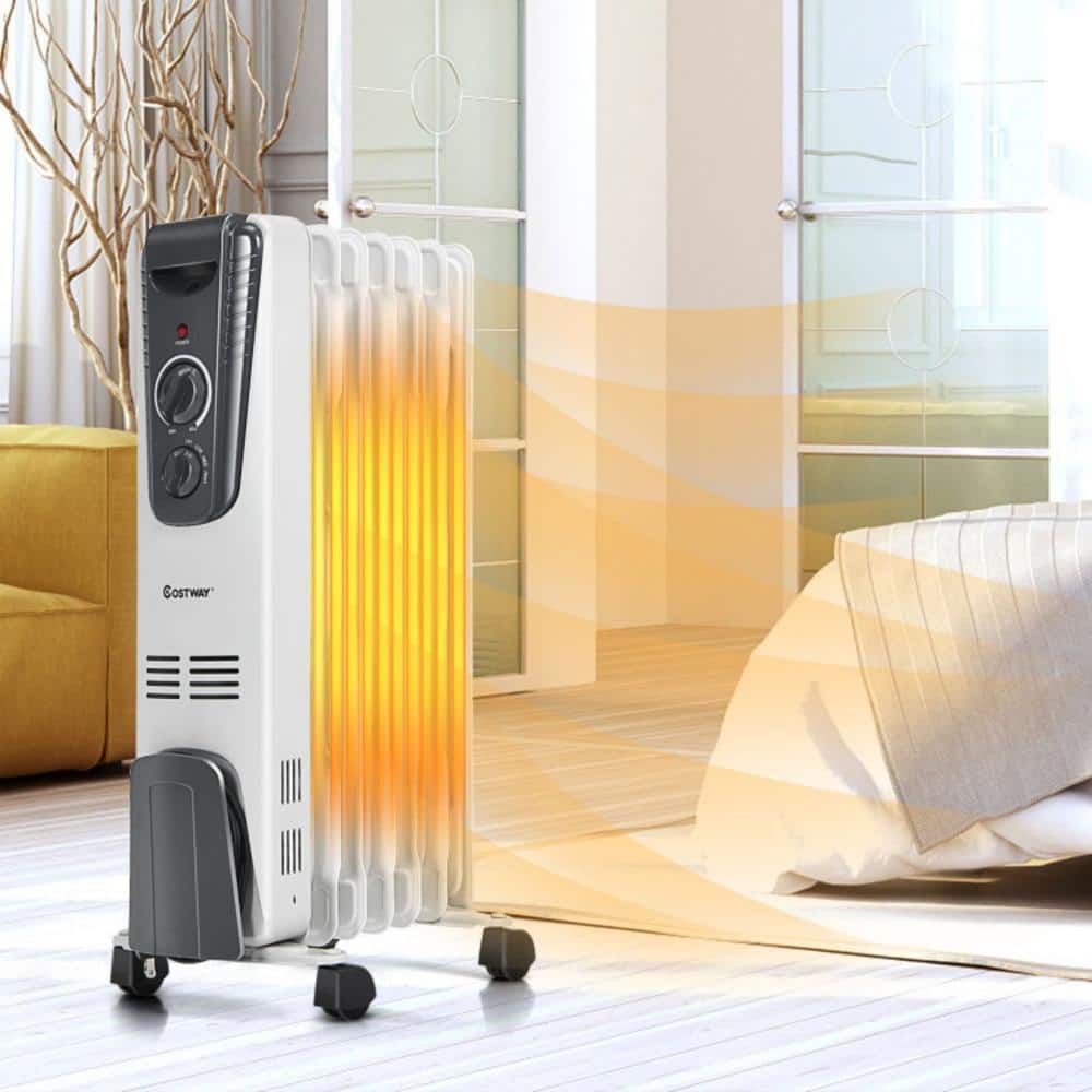 White 1500W Oil-Filled Radiator Heater with Thermostat and Auto Shut-off