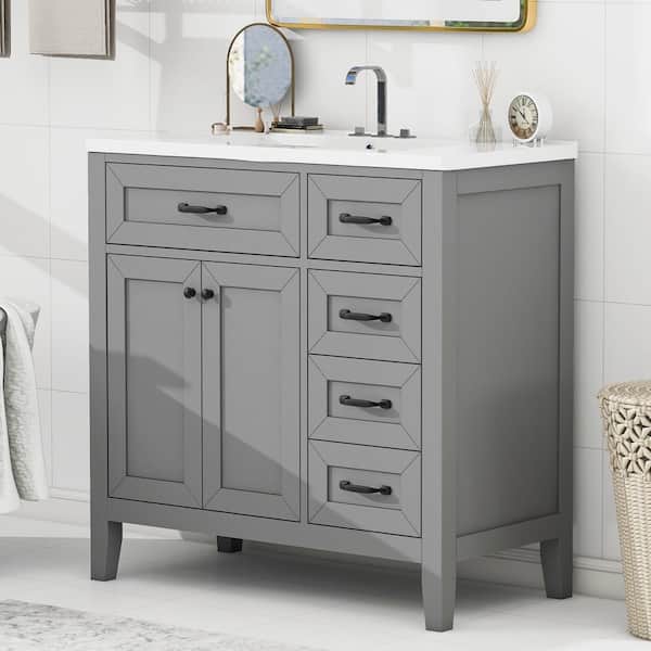 Espoir 36 in. W Freestanding Single Sink Solid Wood Frame Bath Vanity in Gray with White Ceramic Top