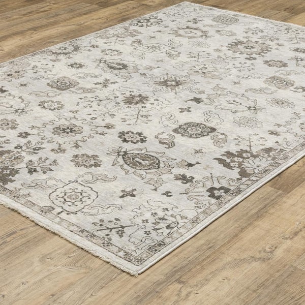 Channing Ivory/Gray 6 ft. x 9 ft. Persian Floral Distressed Polyester Fringe Edge Indoor Area Rug