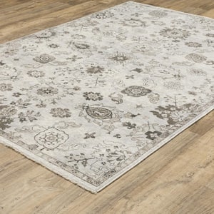 Channing Ivory/Gray 10 ft. x 13 ft. Persian Floral Distressed Polyester Fringe Edge Indoor Area Rug