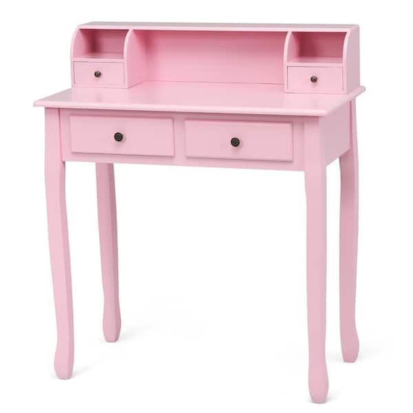 Costway 31.5 in. Pink Rectangle Wood 4-Drawer Writing Desk