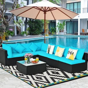 Island 7-Piece Wicker Patio Conversation Set with Turquoise Cushions