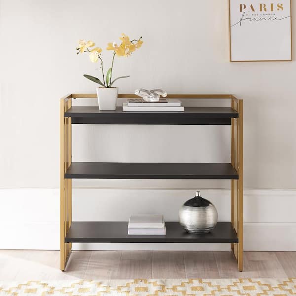 Leick Home 30.5 in. Bookcase 70008-BLKGD The and Home Mixed Satin Gold Depot Black 3-Shelf Metal H and Slatted Wood - Accent
