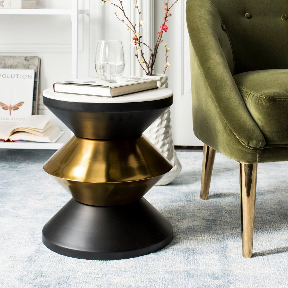 Azizi Transitional Black and Gold Round Stone Top Side Table