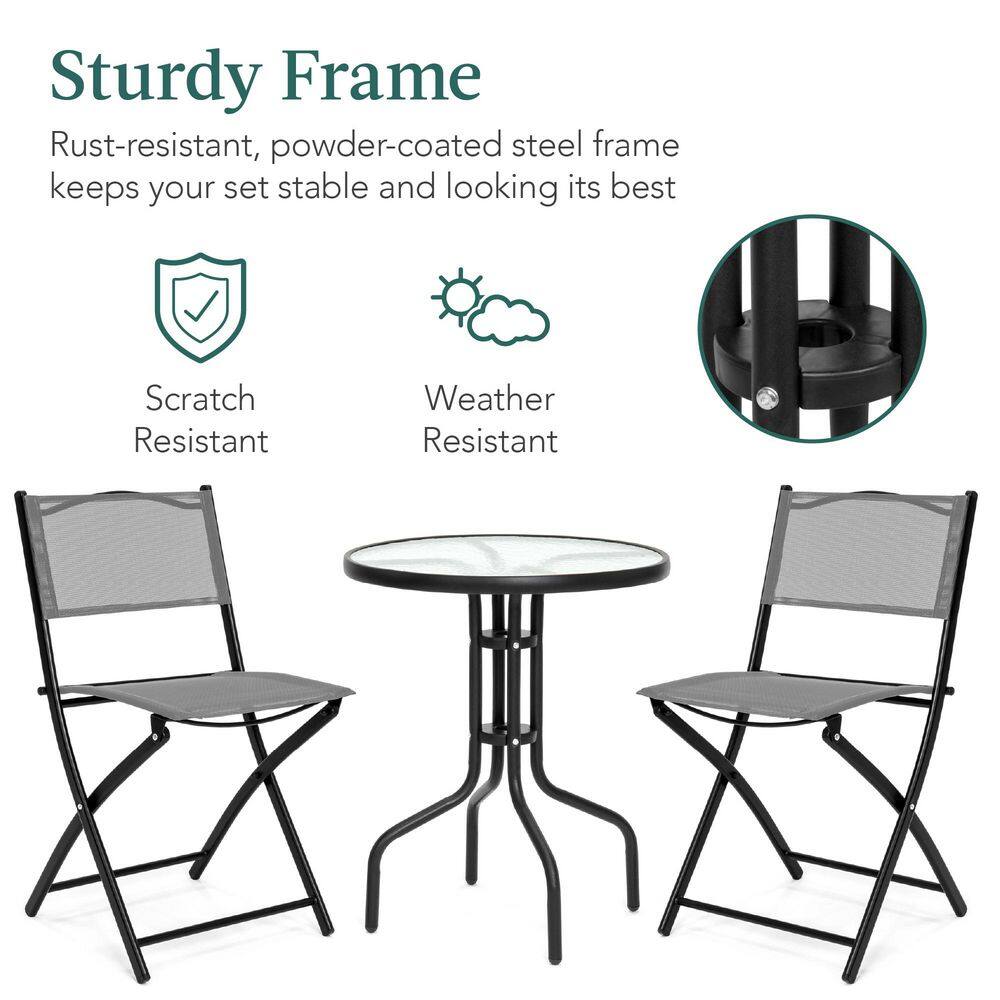 Gray 3-Piece Patio Bistro Set with Glass Tabletop and Folding Chairs