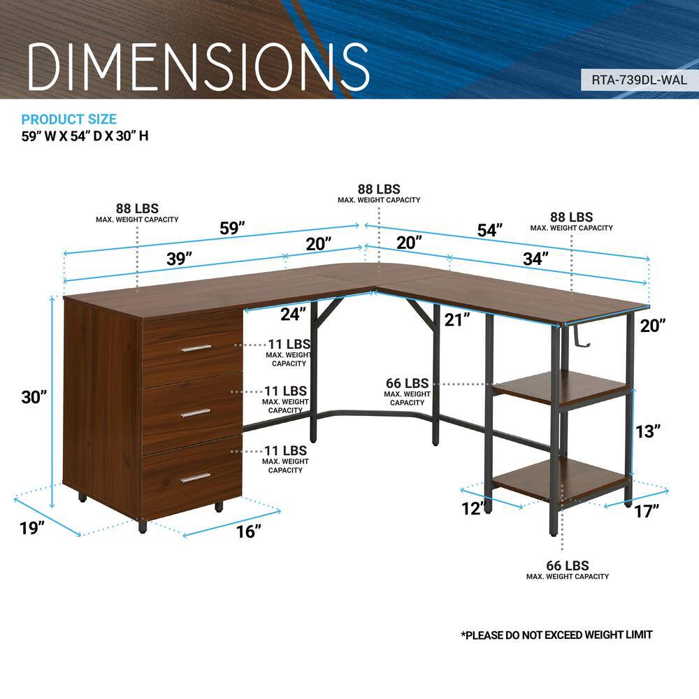 Rustic Walnut Wood Corner Gaming Desk with Drawer Storage