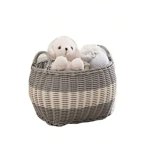 Jeedeson White-Gray 18 in. x 15 in. x 15 in. Oval Resin Woven Wicker Multi-Use Storage Basket with Handles