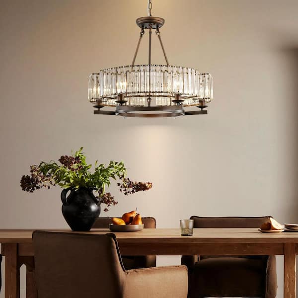 Elijah 6-Light Vintage Modern Aged Bronze Drum Wagon Wheel Chandelier with Crystal Shade