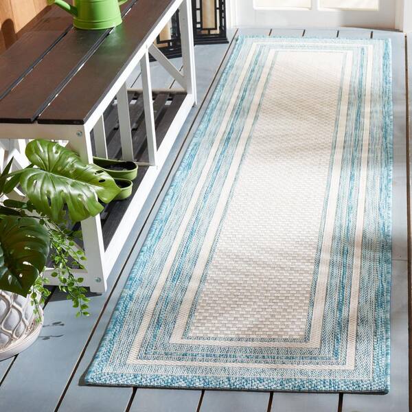 Courtyard Ivory/Aqua 2 ft. x 10 ft. Solid Color Striped Indoor/Outdoor Runner Rug